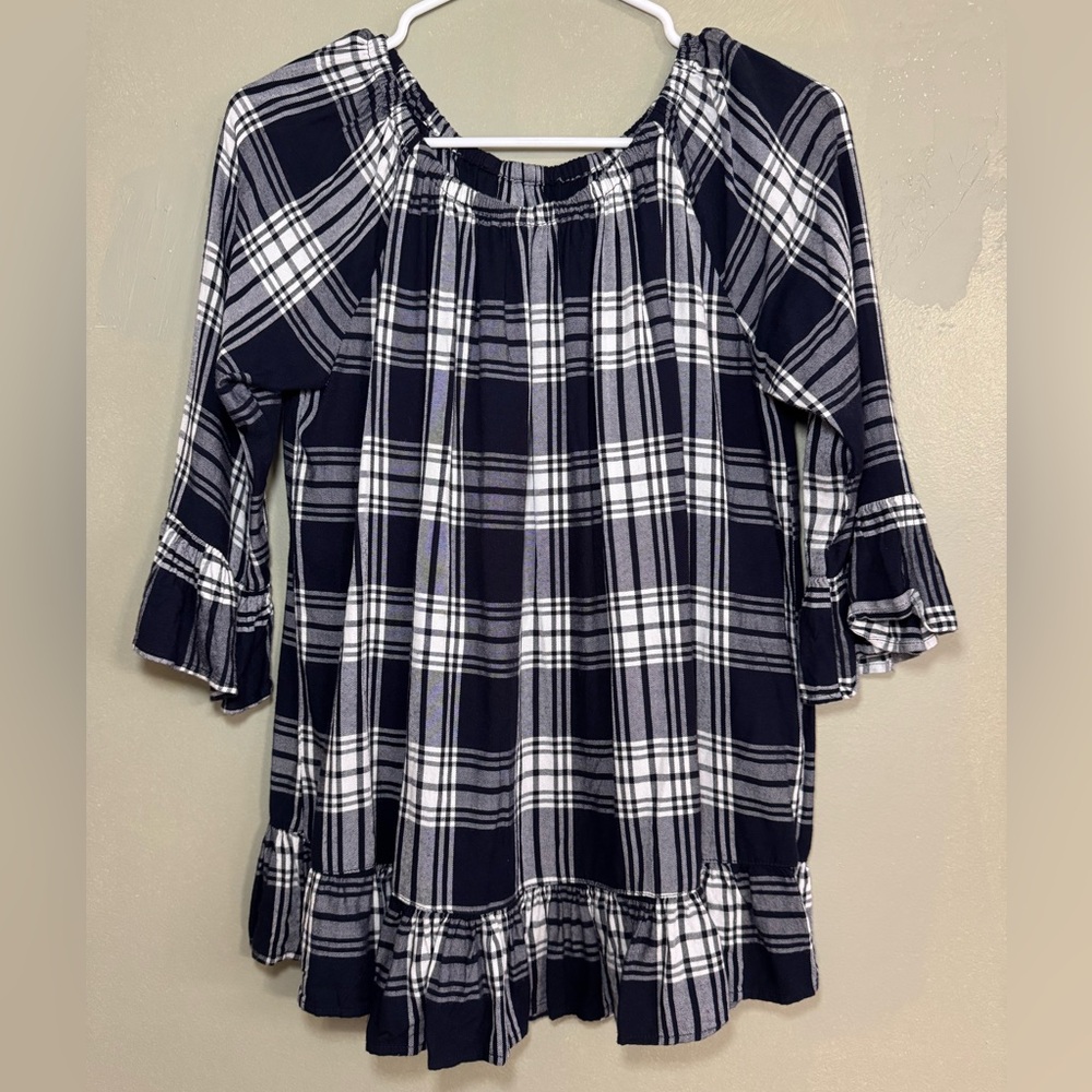 For The Republic Plaid Ruffle Sleeve Top